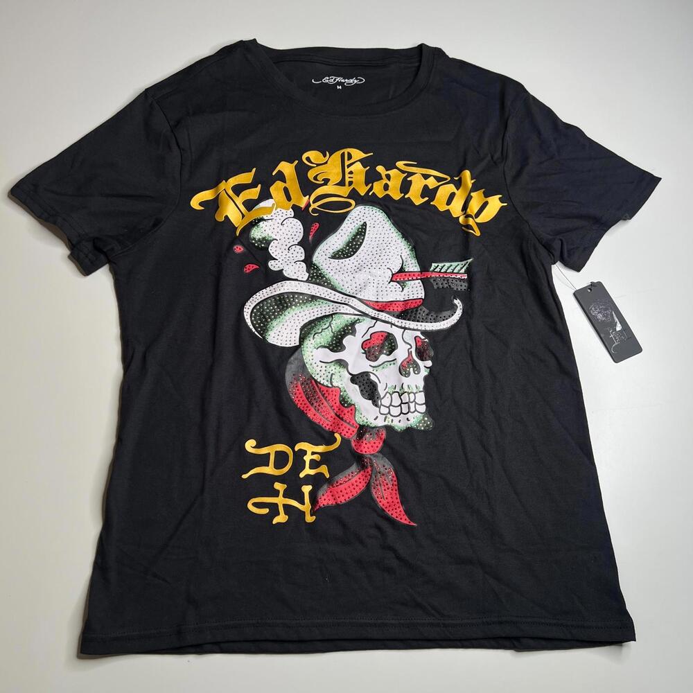 Ed Hardy by Don Ed Hardy T-Shirt M Black Rhinestone Skull Cowboy Hat EHM1100-147